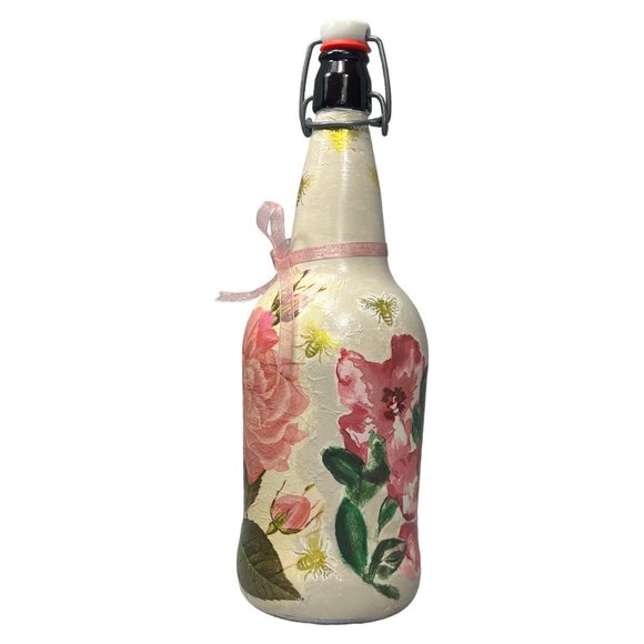 Hand Painted, Decoupaged and Clay Molded Flip Top Glass Bottle Vintage 3D Roses - Picture 11 of 15